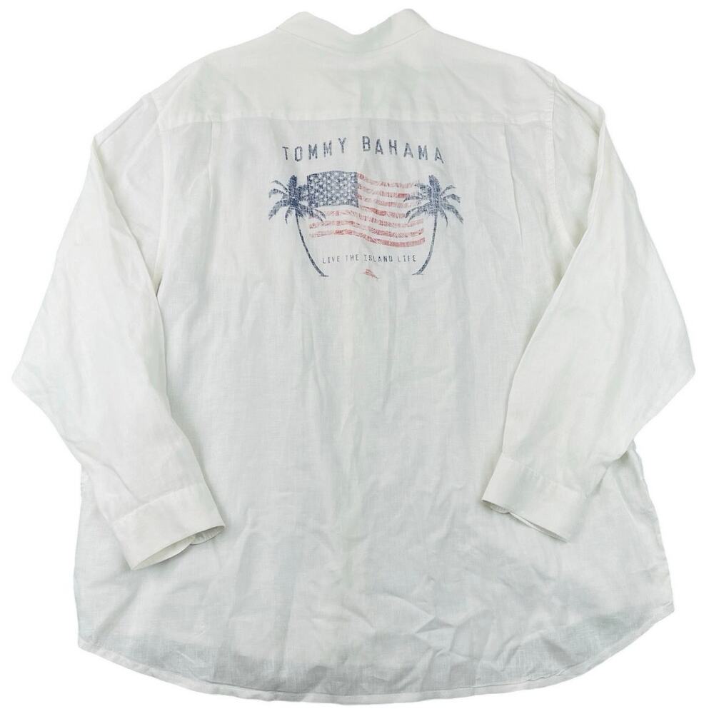 Tommy Bahama 100% Linen American Flag Back Graphic Button Shirt White XXXL 3XL